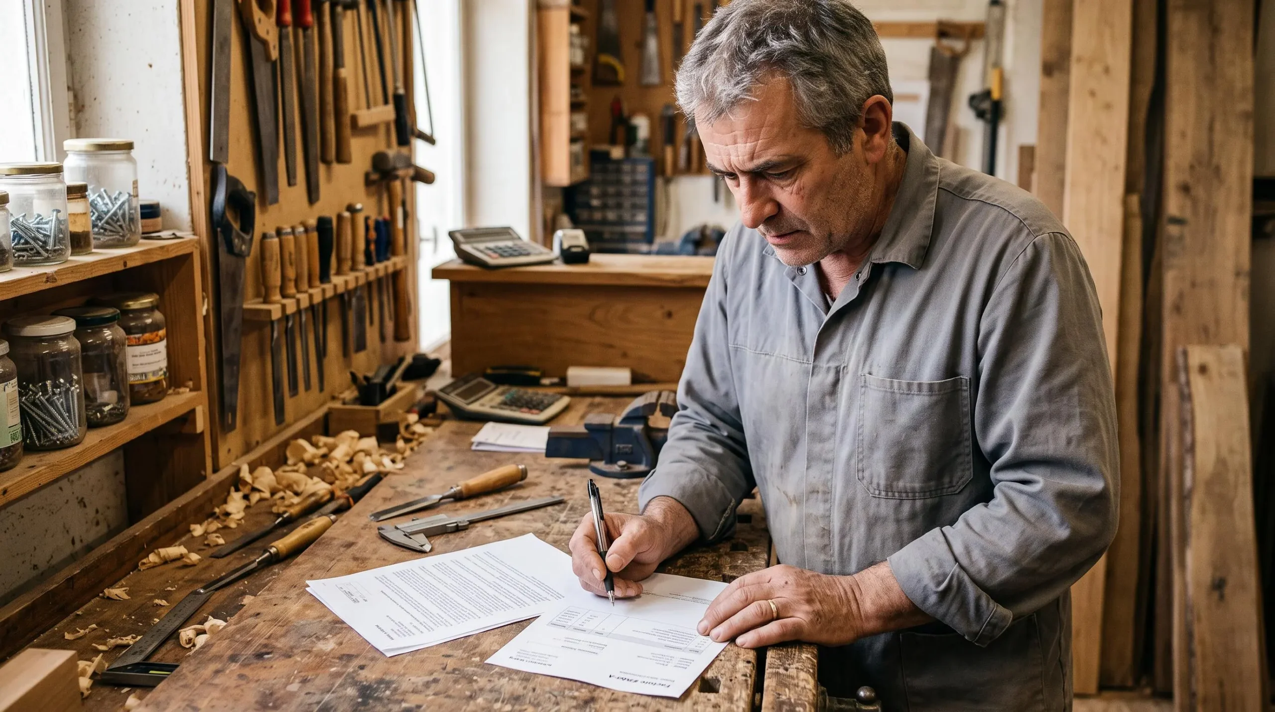 Un artisan debout à son établi vérifie les mentions d'identification inscrites sur une facture avant de la valider.