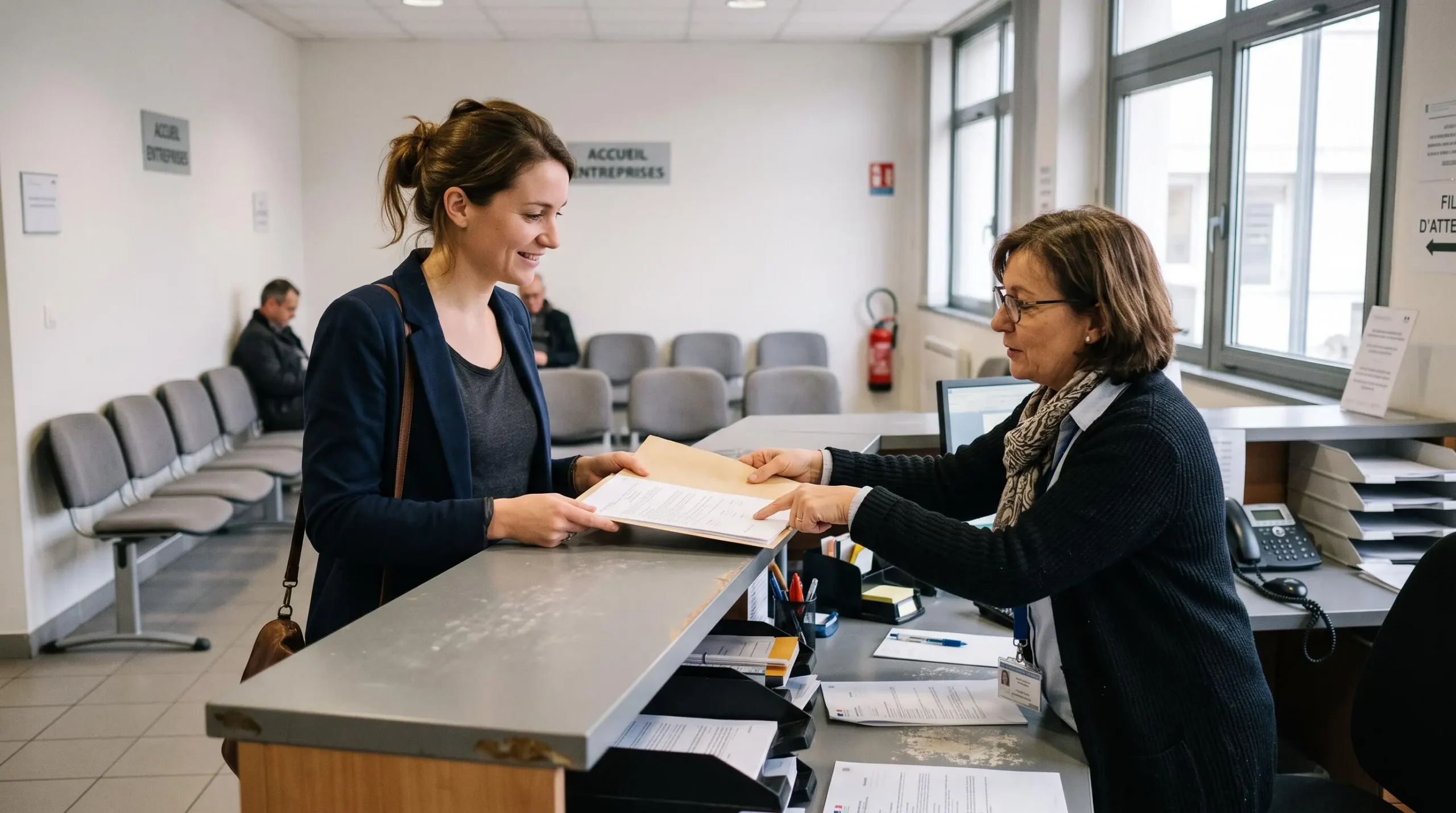 Une créatrice d'entreprise remet un dossier de documents à une conseillère derrière un comptoir d'accueil administratif en France.