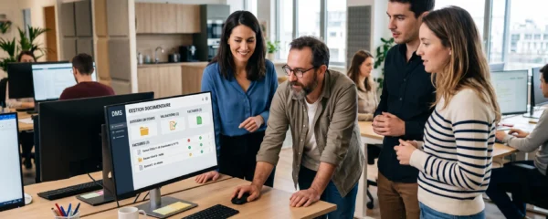 Équipe de PME multisite consultant des documents numériques centralisés