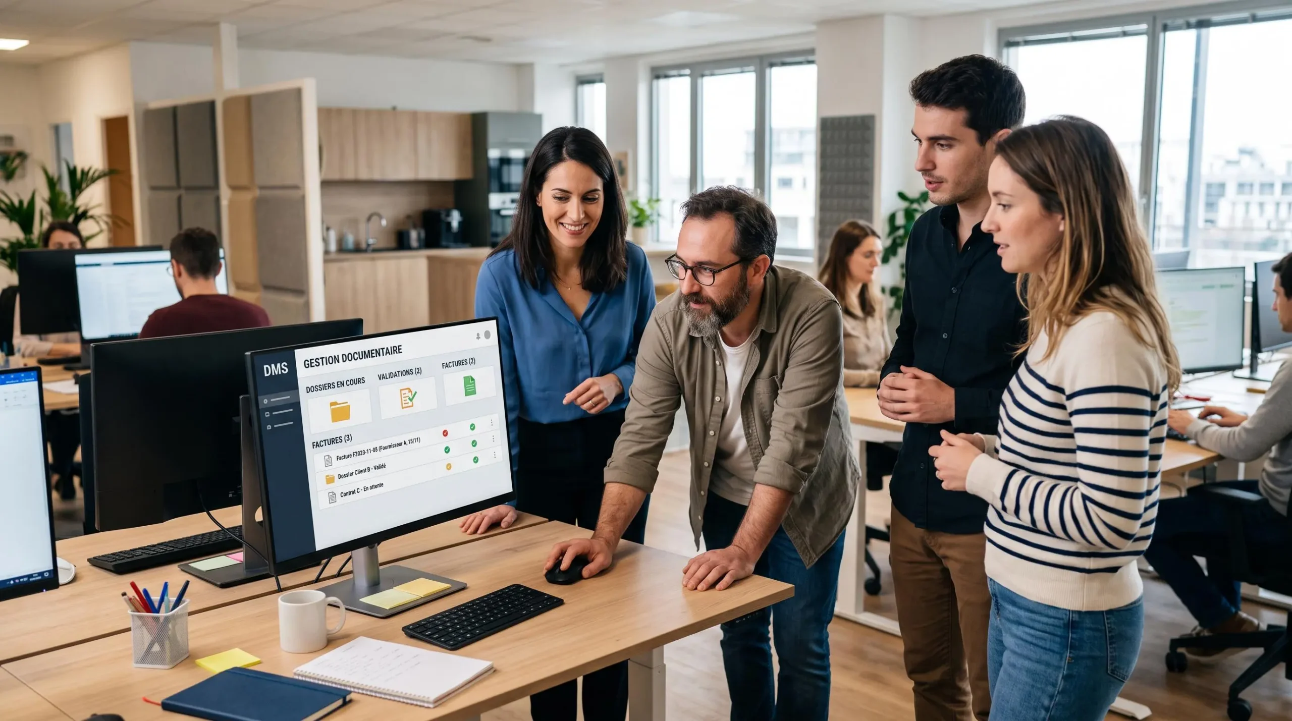 Équipe de PME multisite consultant des documents numériques centralisés